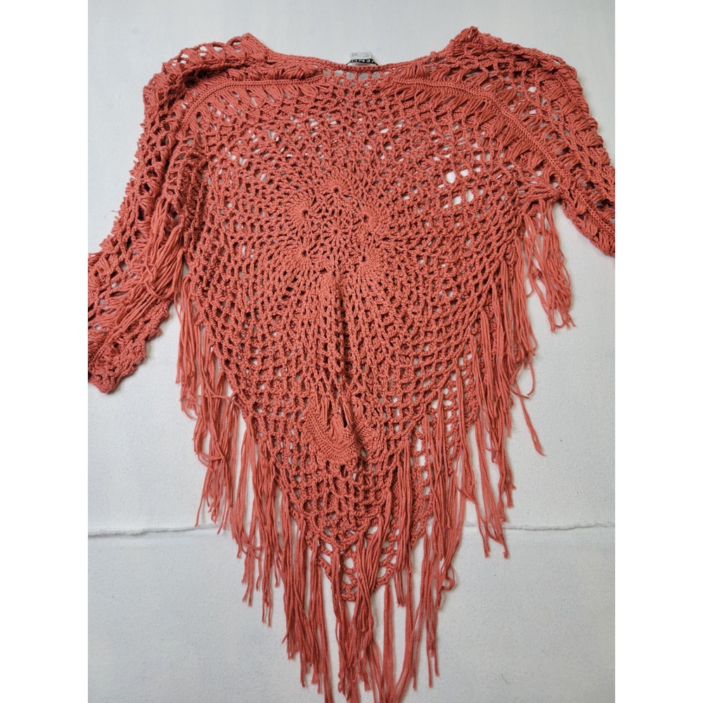 Venus Coral Crochet Knit Fringe Poncho Top Long Sleeve Boho Festival Size M 2920 - Picture 4 of 5